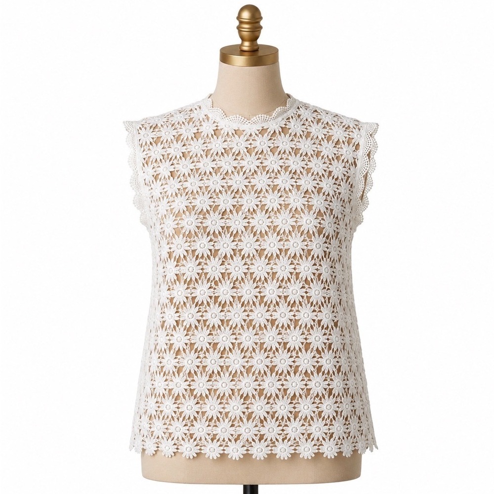 NWT! Grisbi Womens XL White Cotton Daisy Floral‎ Crochet Lace Sleeveless Shell